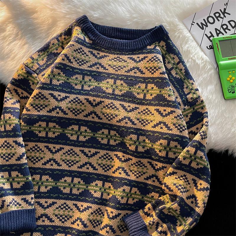 2024 зимний новый пуловер, мужской свободный винтажный модный брендовый утолщенный теплый вязаный свитер