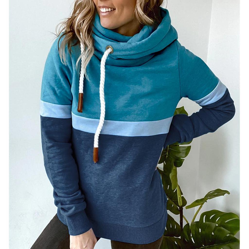 Winter Fall Women Fashion Color-block Hooded Sweatshirt Loose Drawstring Hoodie