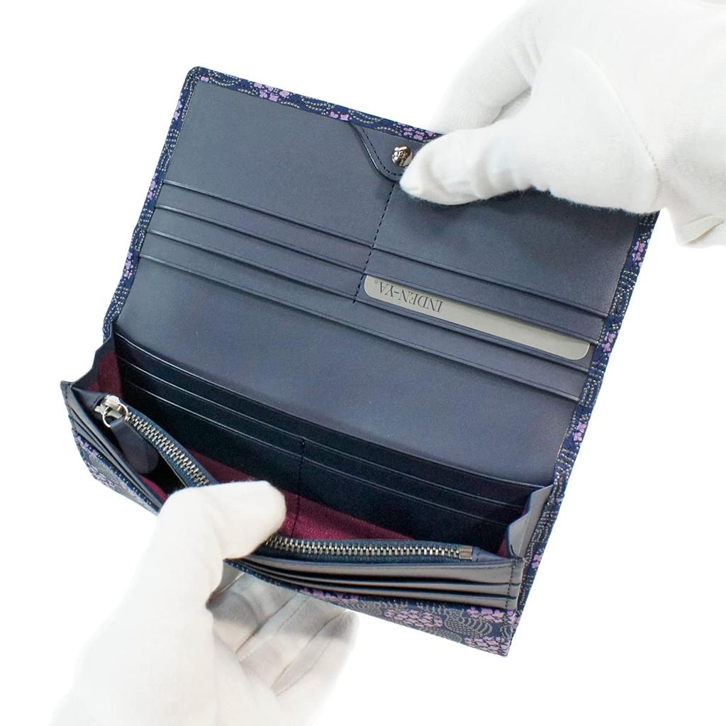 Длинный кошелек Inden с монетой, гортензия, темно-синий x фиолетовый бязь x серый лак 8005 [Indenya] кошелек, оленья кожа, мисо, узор,