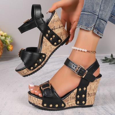 Мода 2025 Женская летняя одежда Пляжная обувь Американский ретро Сандалии на танкетке на высоком каблуке Модные черные сандалии на танкетке с пряжкой Zapatos Mujer