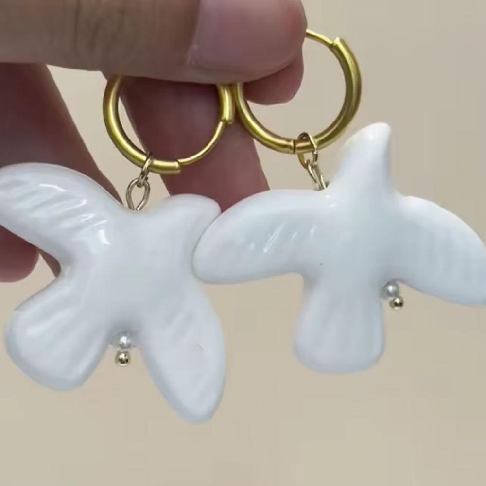 1 пара керамических серег Белый голубь мира Серьги для женщин Винтажные металлические геометрические круглые серьги-кольца Ювелирное украшение в подарок