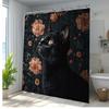 1pc Elegant Black Cat Floral Shower Curtain - Botanical Forest Design with Vibrant Orange Pink Flowers, Polyester Fabric Bathroo