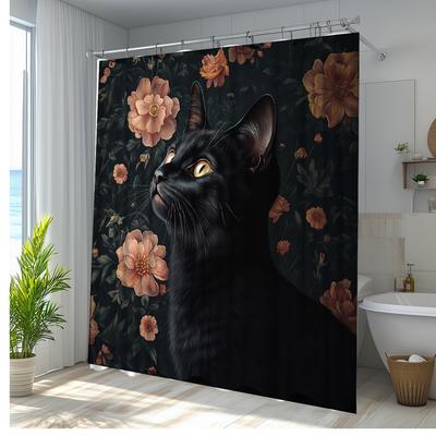 1 шт. Элегантная черная кошка с цветочным рисунком занавеска для душа - Ботанический лесной дизайн с яркими оранжево-розовыми цветами, Полиэстеровая ткань для ванной комнаты