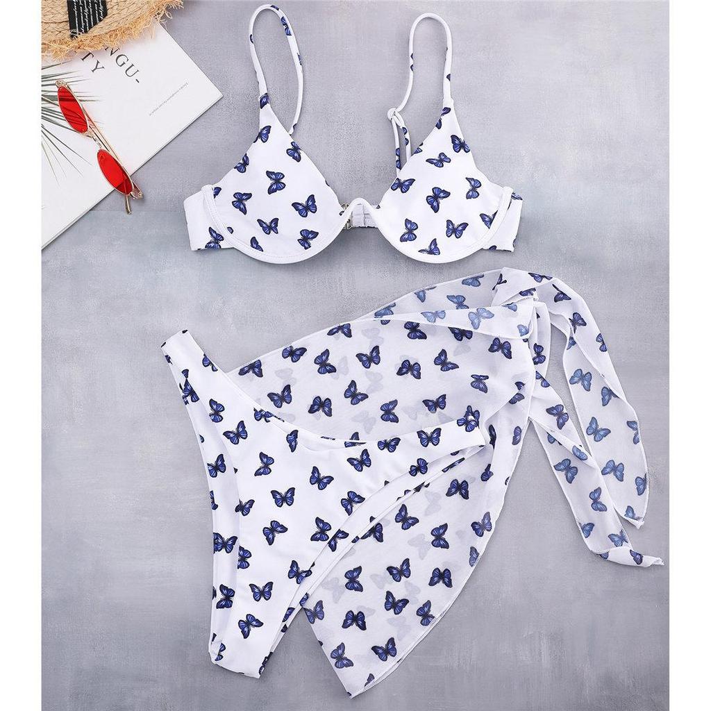 Женский купальник на косточках с бабочкой и V-образным вырезом, женский купальник, комплект из трех частей, комплект бикини, саронг, купальный костюм, купальный костюм