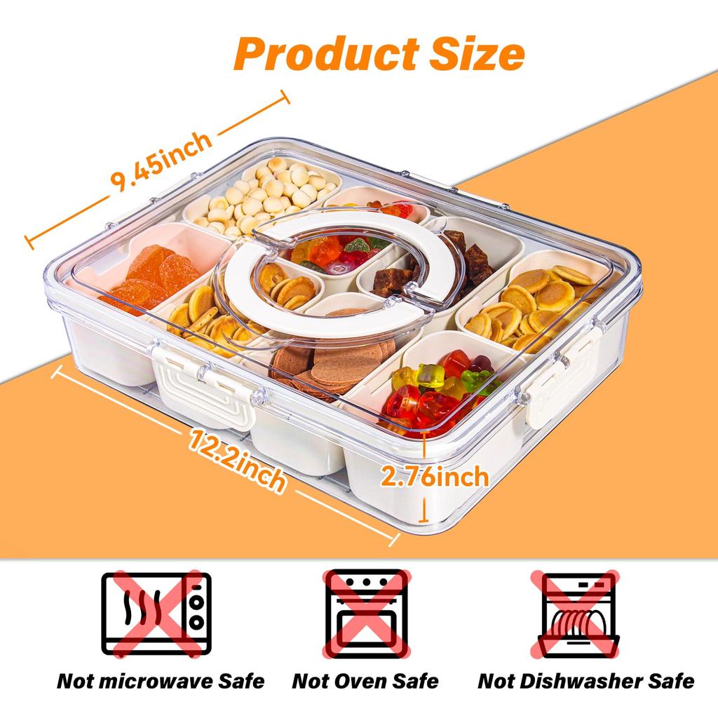 Portable Snackle Box Container Divided Serving Tray with Lid and Handle Clear Snack Box Organizer for Fruits Candy, Snacks