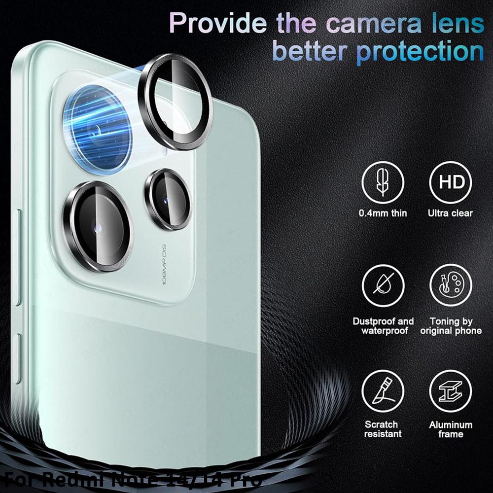 Черное металлическое кольцо + закаленное стекло, прозрачное стекло, защитная пленка для камеры HD для Redmi Note 14 4G 5G Note 13 14 Pro 4G 5G Note 13 14 Pro+ 5G