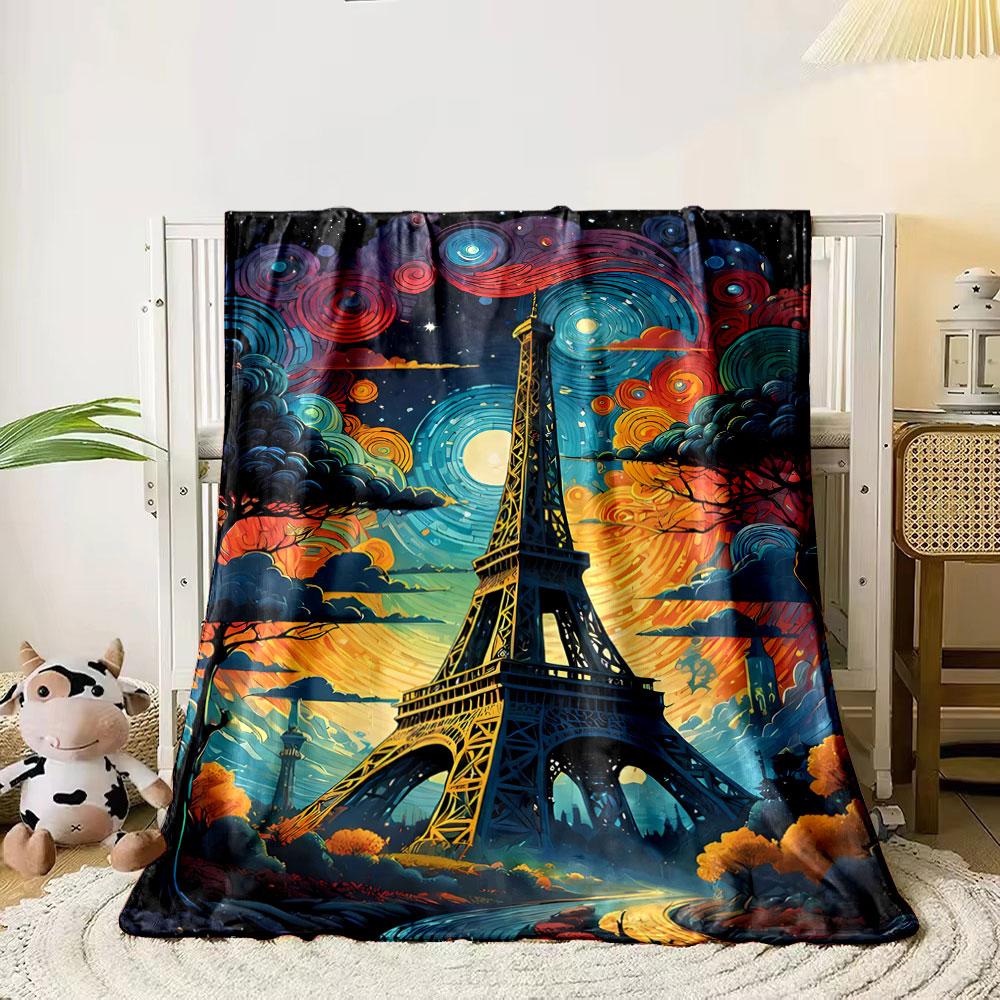 The Eiffel Tower with vivid swirling skies in a Van Gogh-inspired style. for all seasons blanket lunch break throw gift