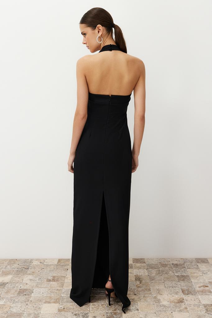 Women's Fashion New Evening Dress & Graduation Dress Black Fitted Woven Lace Collar Long Evening Evening Dress