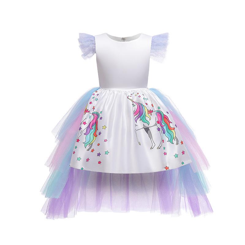 2020 Unicorn Dress Girls Princess Dress Rainbow Cake Dress Mesh Removable Cloak Halloween Foreign Trade