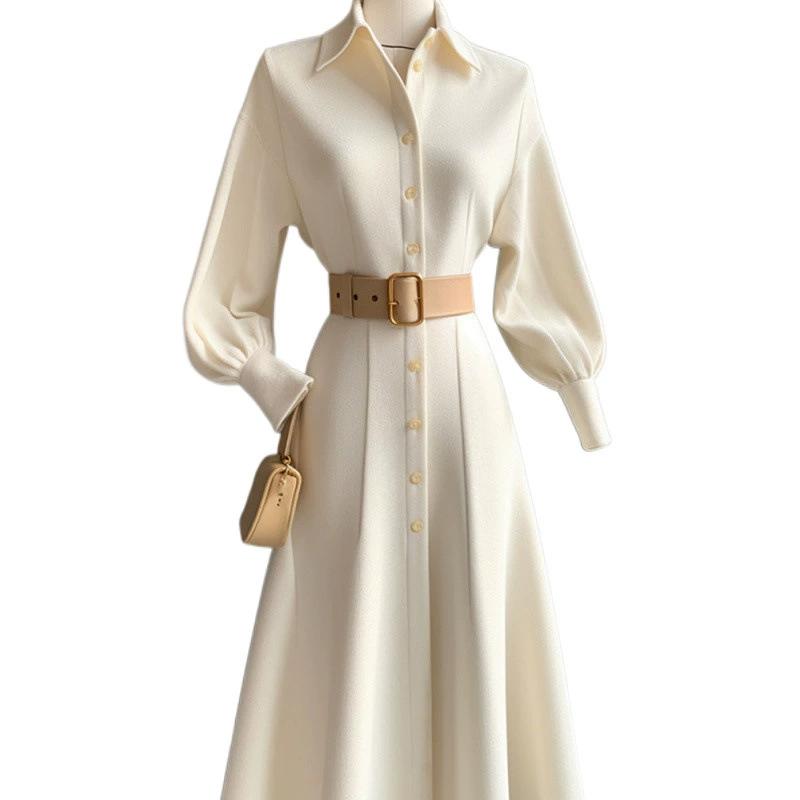 Блузка с завышенной талией Осеннее платье во французском стиле, стройнящее, длинная юбка, дизайн с воротником поло