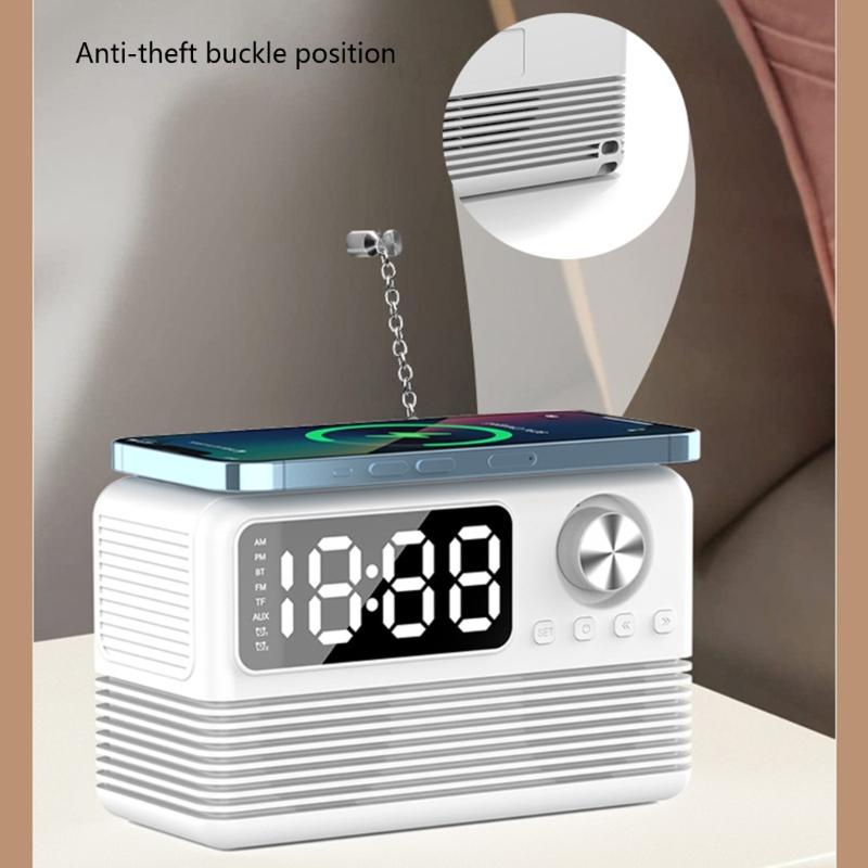 15-ваттная беспроводная зарядка, Bluetooth-совместимая колонка со светодиодным зеркальным будильником, двойной будильник, защита от кражи, подходит для дома и офиса