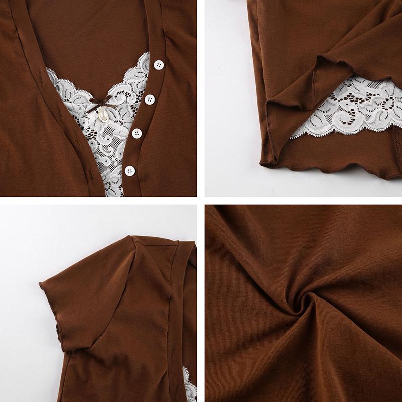 Y2K укороченные топы с кружевной отделкой, коричневая хлопковая футболка на пуговицах с коротким рукавом и v-образным вырезом в стиле ретро, ​​базовая повседневная женская футболка в стиле Харадзюку