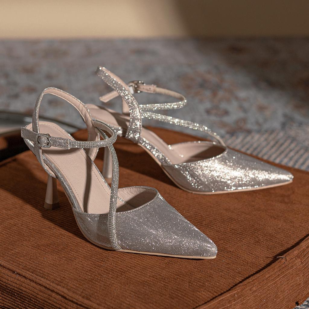 Французские 2025 новые туфли-лодочки на высоком каблуке цвета шампанского, женские остроносые сверкающие сандалии со стразами, туфли принцессы