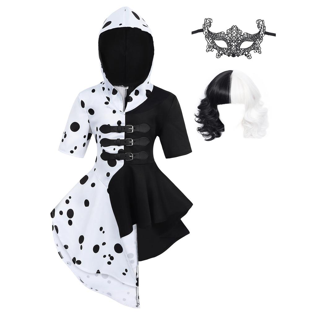 Cruella Deville Princess Costume Dress 12-13 Years 160cm Black White Includes Wig Mask Halloween Carnival Christmas