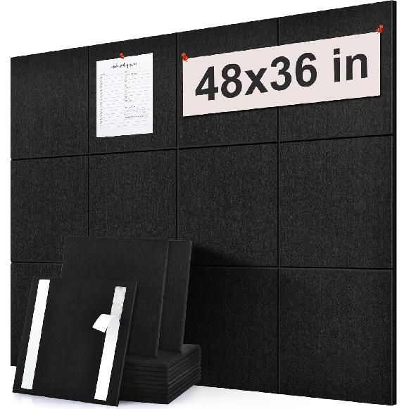 Большая альтернатива пробковой доске - Доска объявлений 24"x24" - Набор из 4 штук Черная фетровая доска для декора стен дома и офиса со звукопоглощением