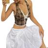 Sexy Vest Halter Lace-up Sleeveless Backless Plaid Pattern Tops with Lace Decoration Slim Fit French Style Tops