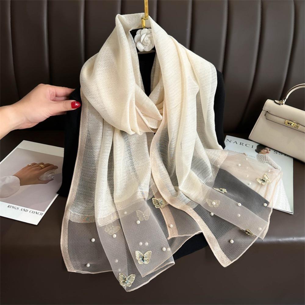 Thin Butterfly Embroidery Scarf Pearl Women Hijab Shawls Elegant Silk Scarf Lady