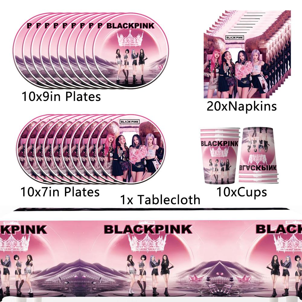 Посуда для дня рождения Blackpink включает Тарелки Салфетки Скатерти Стаканы
