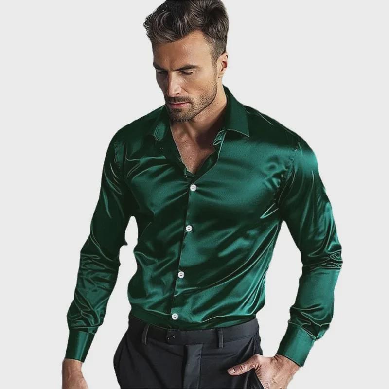 Men's Shiny Long-Sleeve Lapel Shirt for Nightclub or Stage