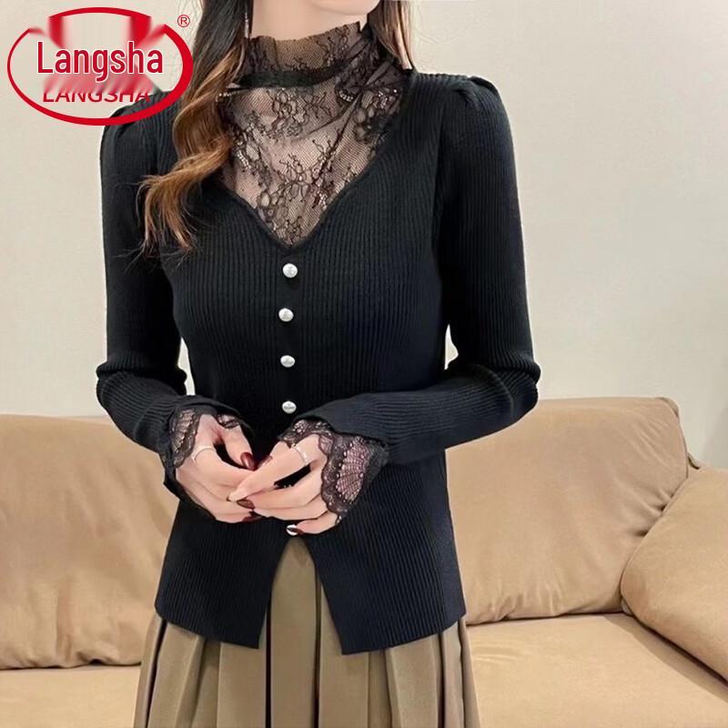 Langsha Women's V-Neck Lace Trim Pullover Sweater
