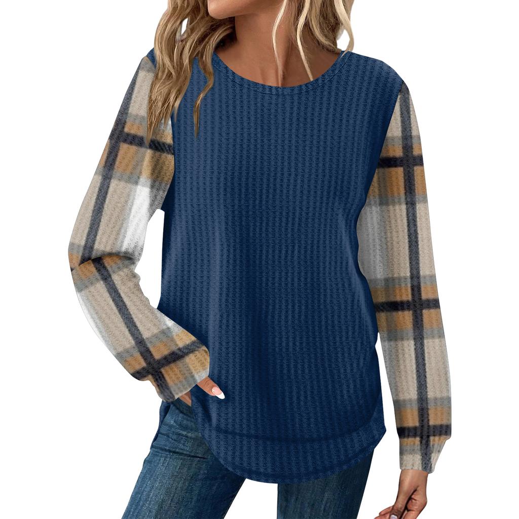 Женский повседневный топ свободного кроя с круглым вырезом и длинными рукавами в клетку