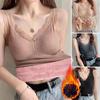 Women Thermal Vest Lace Trim Plush-lined V Neck Sleeveless Thread Solid Color Slim Fit Elastic with Chest Pads Layering