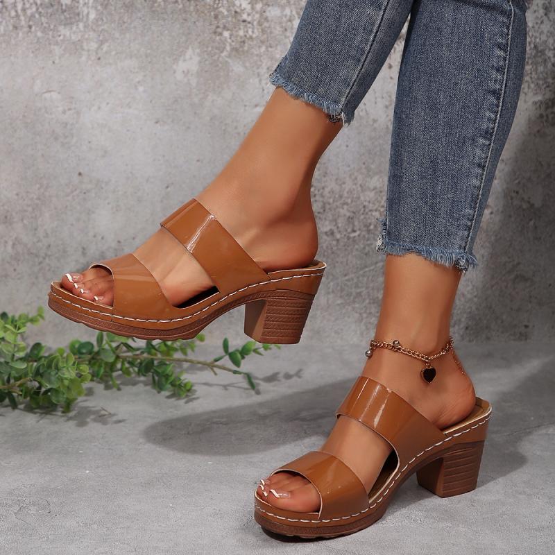 Classic Peep Toe Sandals Women 2025 Summer Elegant Round Toe Slip On High Heels Slippers Women Solid Brown Anti Slip Shoes Women