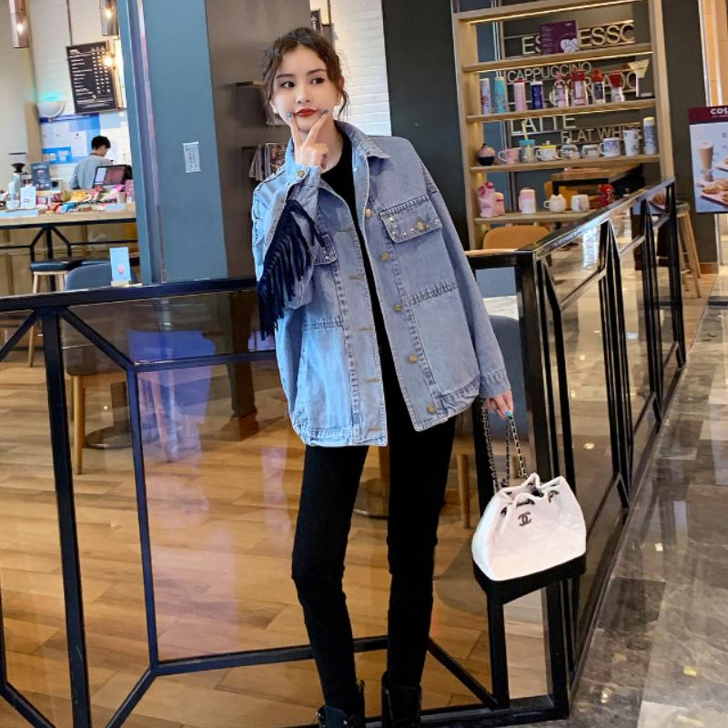 Женская джинсовая куртка 2025 года, осень, новая джинсовая рубашка с вышитыми кисточками, женские свободные повседневные пальто, модный дизайн, корейская версия Y2K