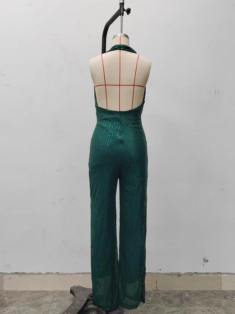 2024 Summer Sleeveless Halter Neck Sequin Jumpsuit for Women