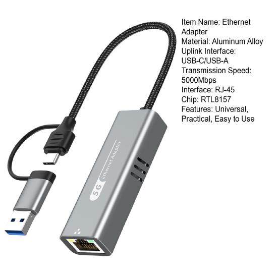 Адаптер USB/Type-C к Ethernet 5000 Мбит/с Высокоскоростной Двухинтерфейсный Универсальный Ethernet-адаптер RJ45 к Type-C Ethernet-конвертер