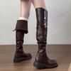Зимние женские сапоги выше колена, модные женские элегантные ботильоны без шнуровки на низком каблуке, длинные ботильоны с пряжкой на ремне, женские рыцарские ботильоны