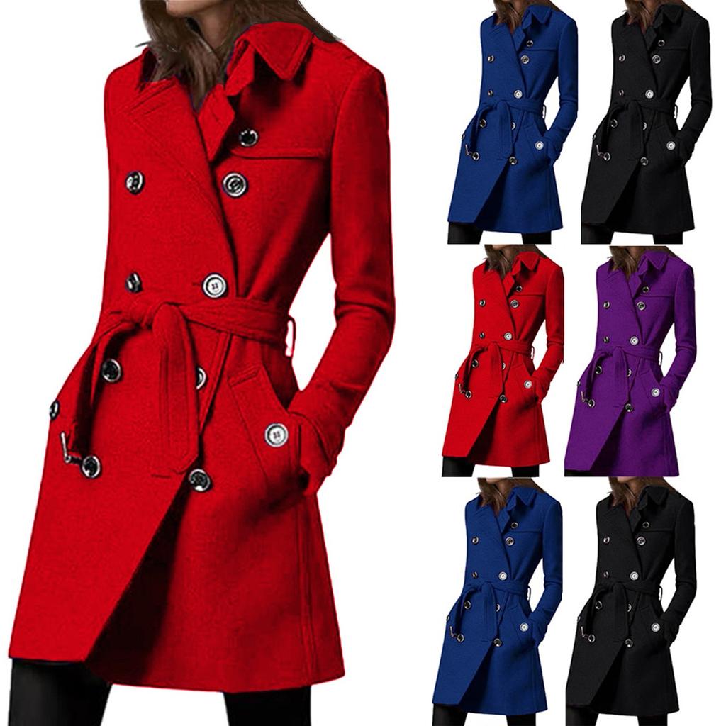 Женское длинное шерстяное пальто с завязками на талии и двубортными пуговицами