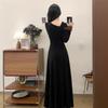 French Hepburn style small black dress bow long-sleeved dress women's autumn and winter slim and thin medium and long skirt