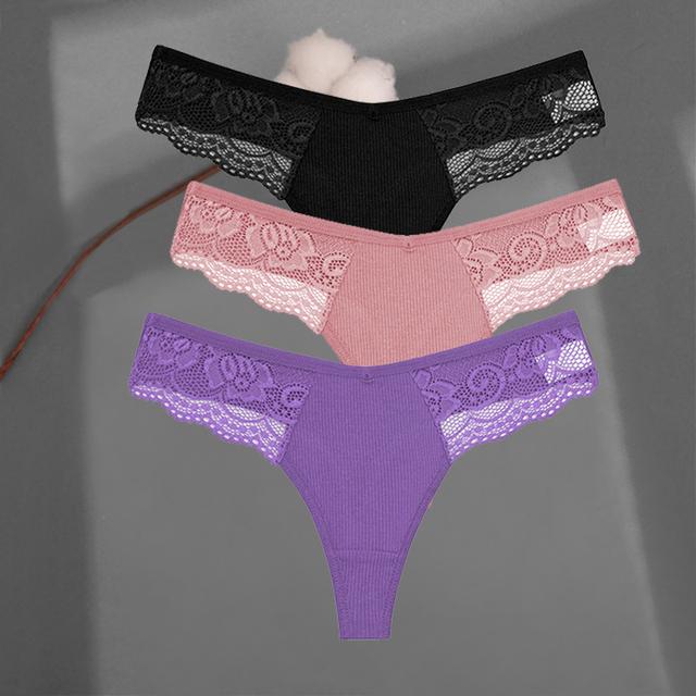 FINETOO Women's Cotton Thongs 3Pcs/set Lace Bikini Underpants S-XL Ladies G-string Underwear Soft Thong Panties Female Lingerie