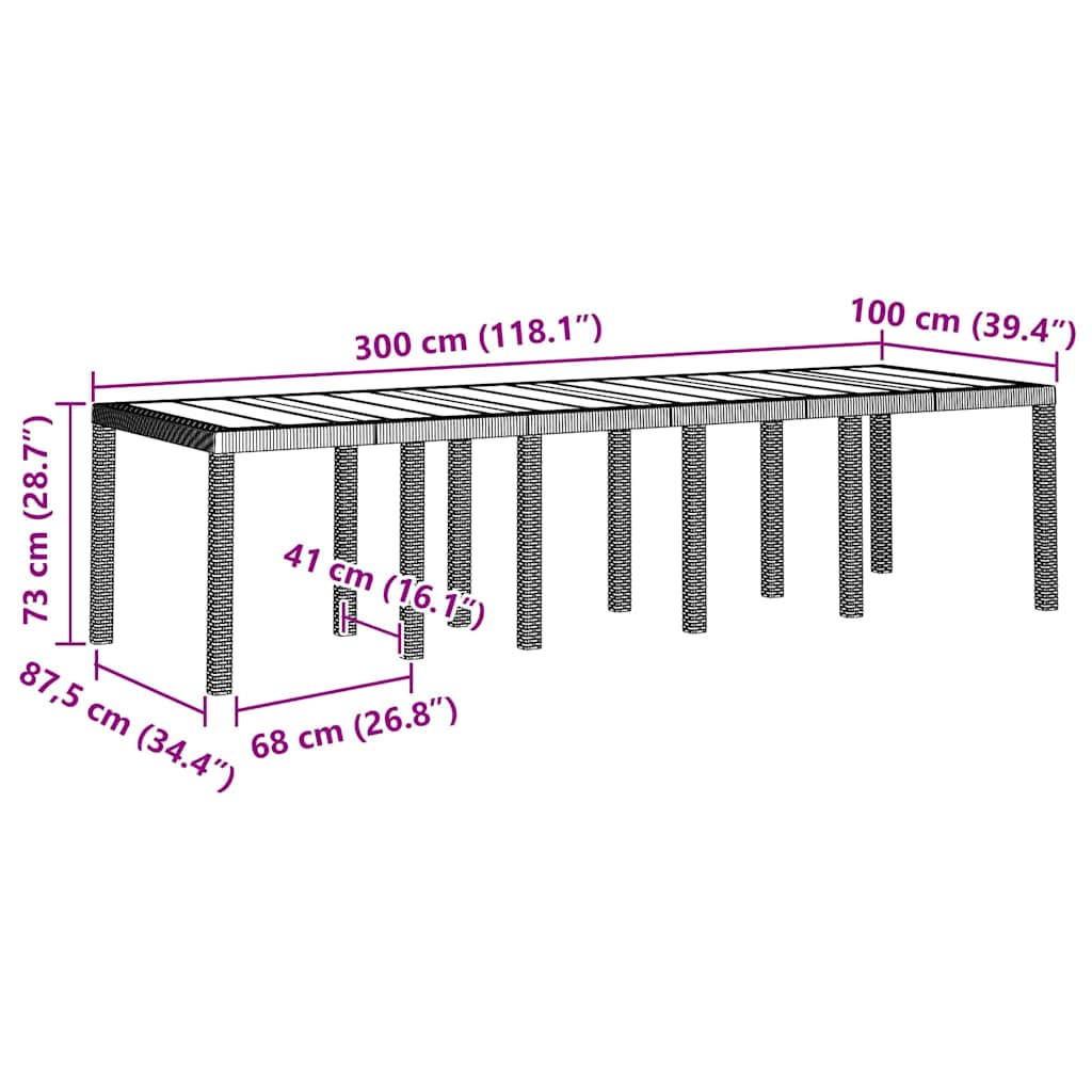 Garden Table Light Gray 300 x 100 x 73 cm Poly Rattan