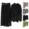 2 Pcs/Set Fall Spring Women Shirt Pants Set Long Sleeves Lapel Button-down Blouse with Chest Pocket Elastic Waist Trousers OL Commuting Sport
