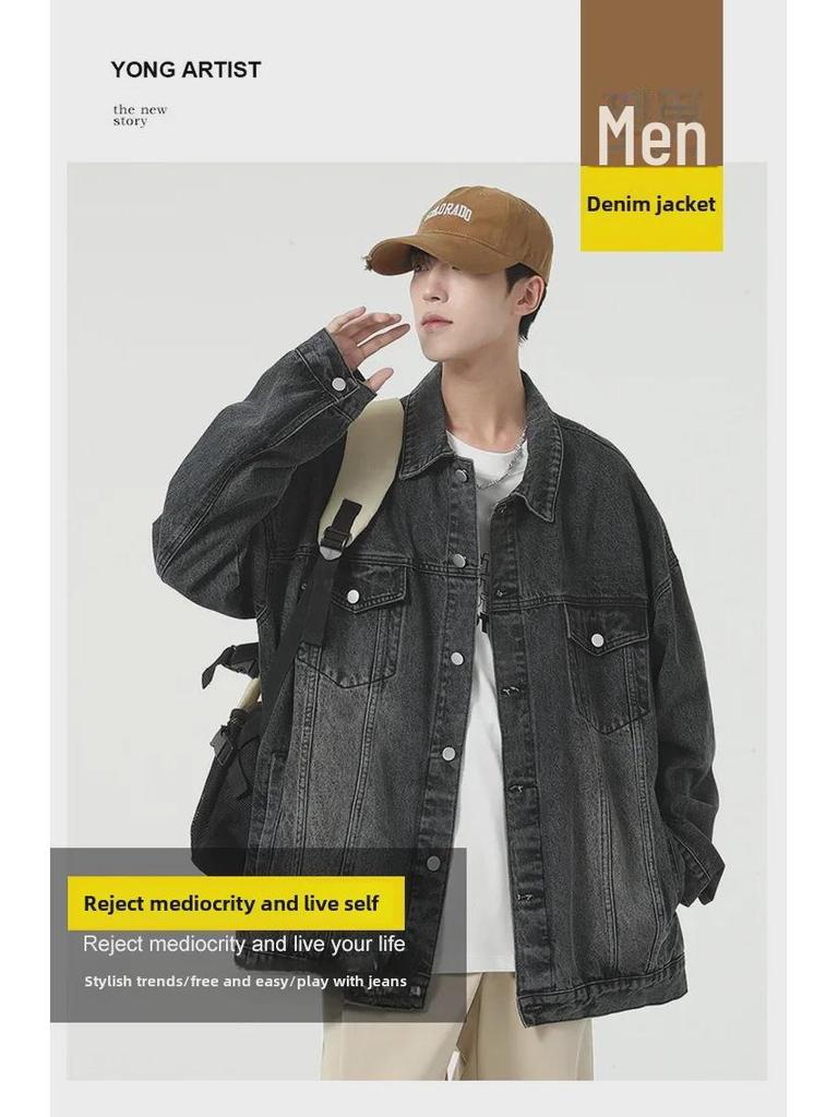 Осень/Зима 2023 Мужская джинсовая куртка свободного кроя - Модная верхняя одежда с лацканами и пуговицами