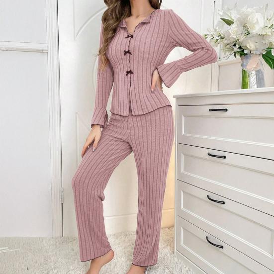 Женский пижамный комплект из 2 предметов: топ с длинным рукавом и бантом и длинные брюки. Комплект для сна, повседневная осенняя домашняя одежда.