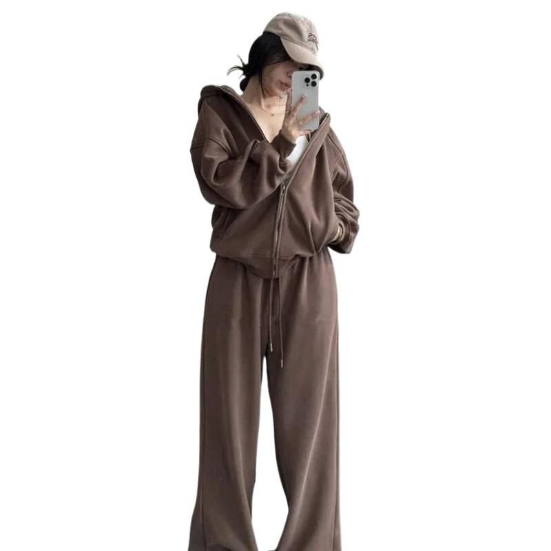 Простой однотонный повседневный спортивный костюм для женщин на осень и зиму, состоящий из куртки с капюшоном и брюк широкого кроя