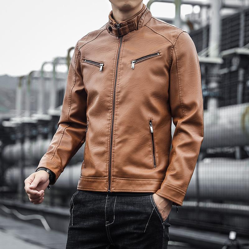 Мужская куртка из искусственной кожи, мужская модная молодежная плюшевая и толстая мужская мотоциклетная кожаная куртка в стиле панк с воротником-стойкой