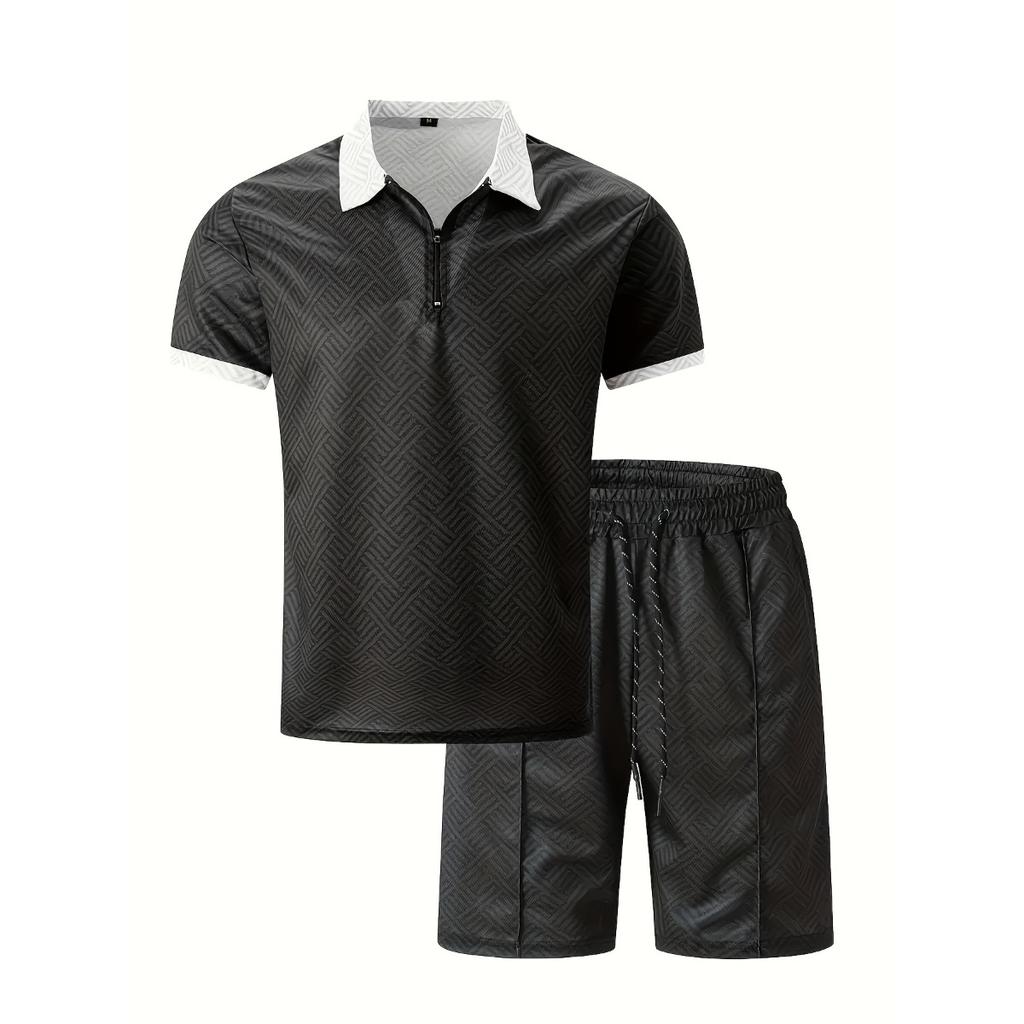 Мужской повседневный костюм с тропическим принтом - черная рубашка с коротким рукавом на молнии и белые шорты с карманами, полиэстер, машинная стирка