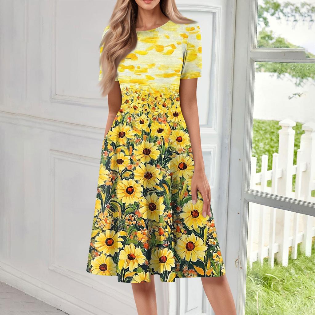 Women's Loose Casual And Fashionable Round Neck Short Sleeved Printed Mid Length Dress