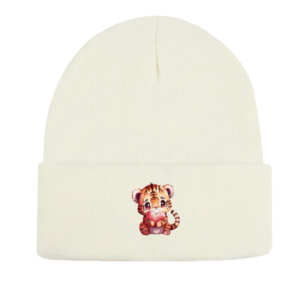 Cute Tiger Heart Warm Knitted Cap Beanie, Animal Woman Cap Lightweight Slouchy Casual Bonnet Knit Hat Beanie