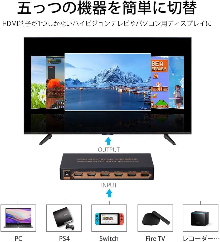 HDMI-коммутатор, 5 входов, 1 совместимый выход, пульт дистанционного управления в комплекте, совместим с Switch 2.0, 4k@60hz, HDCP2.2, HDR, PS5/PS4/Nintendo