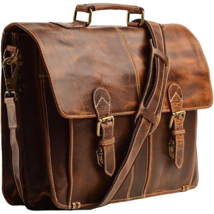 16 Inch Medium Buffalo Leather Briefcase Messenger Bag, Business Office Laptop Satchel Shoulder Bags For Men and Women