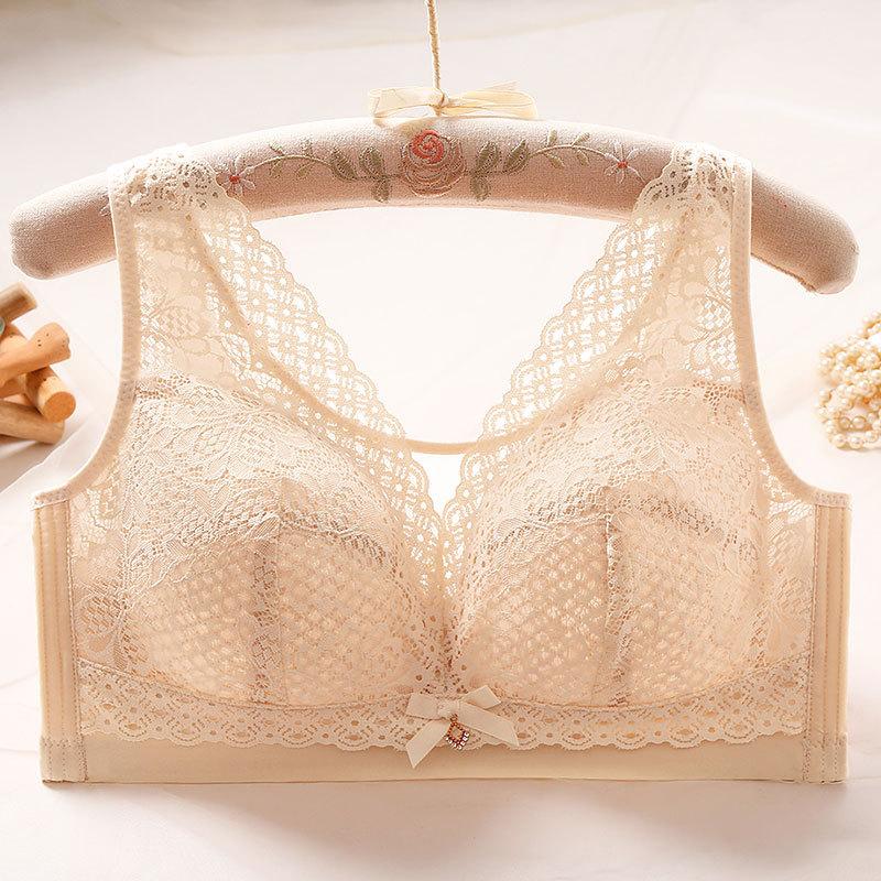 Women's Large Size Bras Ultra-thin Lace Underwireless Bras Breathable Gathered Adjustment Large Cup Bras