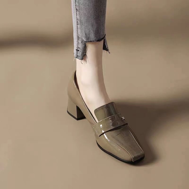 Женская летняя обувь Офисная обувь для женщин 2024 года Повседневные туфли из обычной кожи на толстом каблуке Черный блочный каблук со средним квадратным носком E