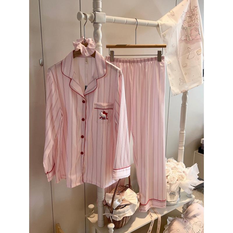 Pajamas women's spring and autumn new sweet stripes cute girl style long sleeves ice and snow silk light luxury loungewear pajamas