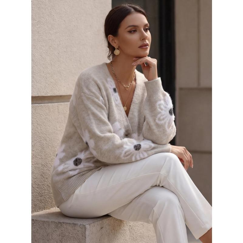 V Neck Floral Knit Cardigan Loose Long Sleeve Sweater Coat