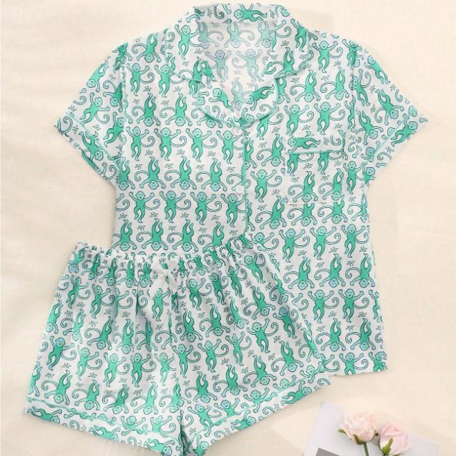 Summer Women Short Sleeve Top and Shorts 2 Piece Set Pajamas Female Fashion Sleepwear Cartoon Print Cardigan Pyamas Set Homewear